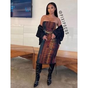 ZARA TULLE PRINTED STRAPLESS TUBE DRESS L LARGE